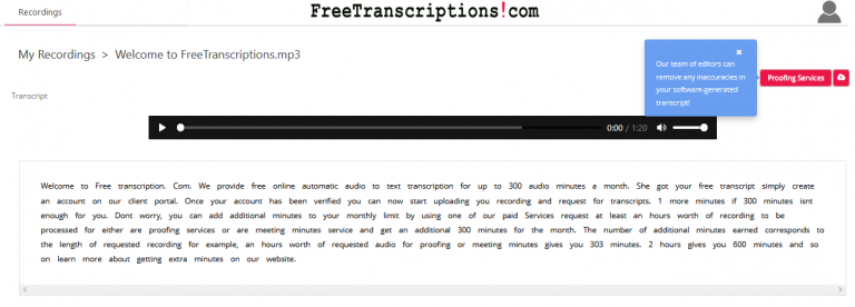 An image of the transcript of the mp3 file with an interactive audio bar.