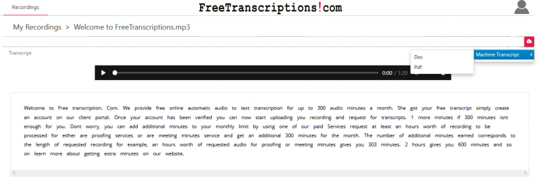 A screenshot showing that the user can download the free transcript in either pdf or doc.