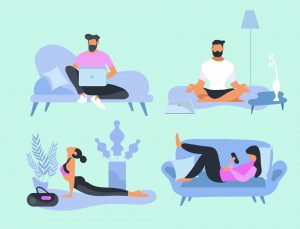 2 men doing social media and yoga, two women doing social media and yoga