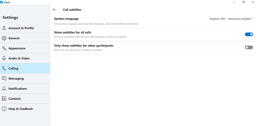 show subtitles for all calls option on Skype