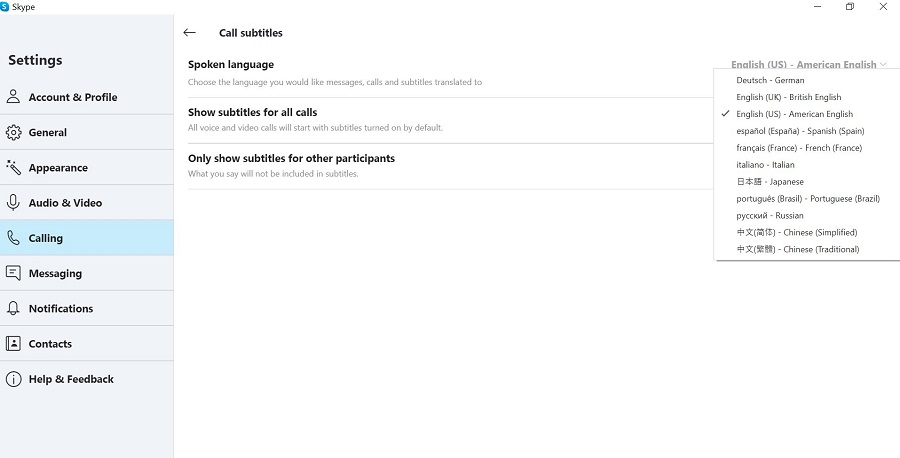 Languages displayed on Skype